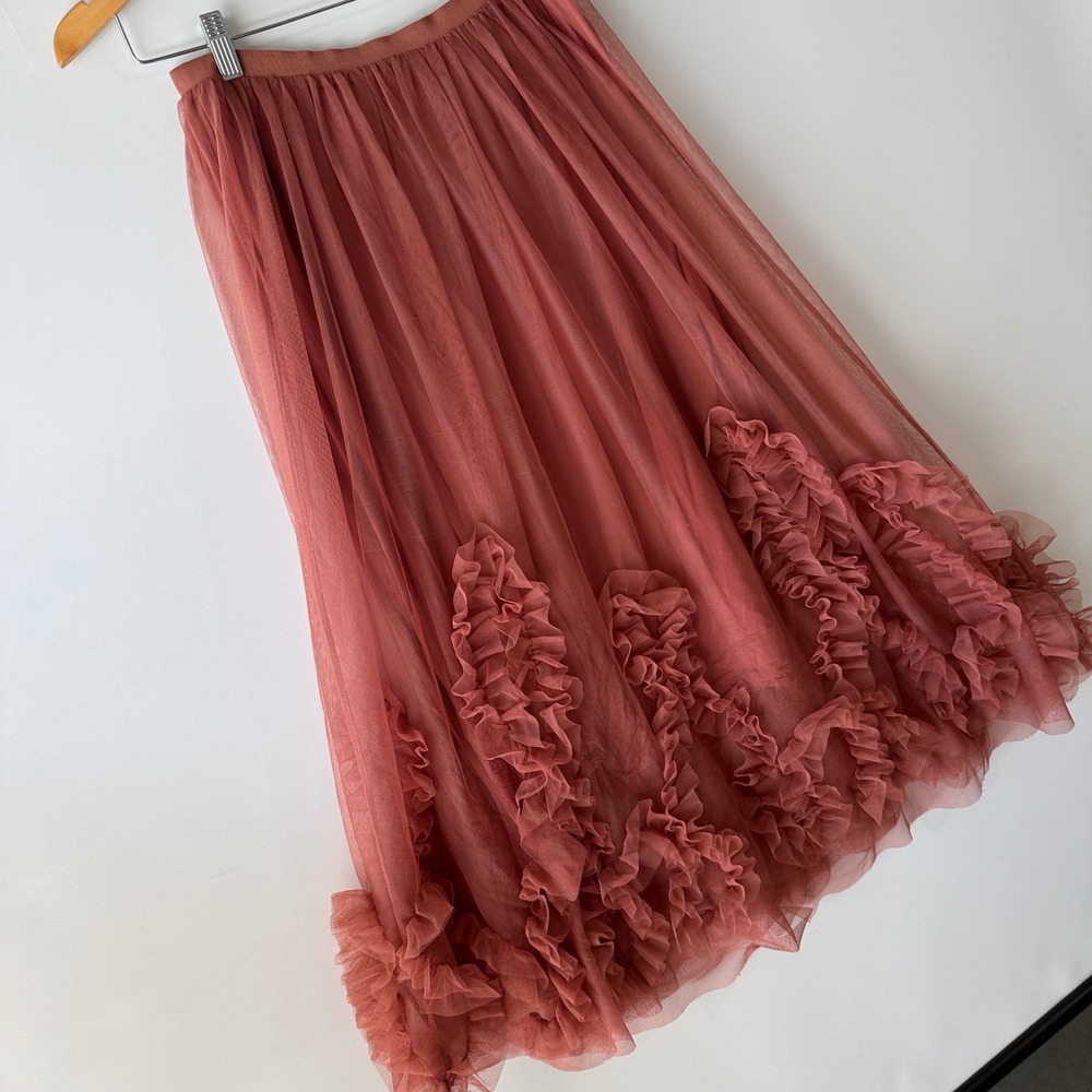 Anthropologie Felicity Tulle Midi Skirt Womens Size S Dusty Rose Ruffle Mesh - Picture 3 of 12